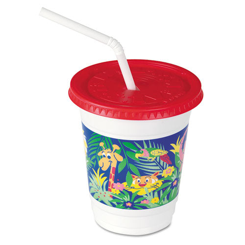 Plastic Kids' Cups With Lids-straws, 12 Oz, Jungle Print, 250 Cups, 250 Lids, 250 Straws-carton