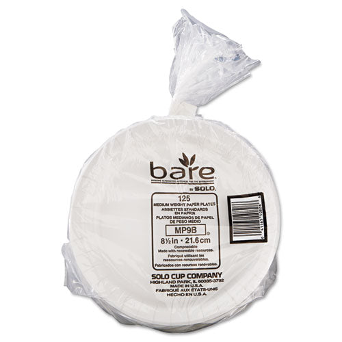 Bare Eco-forward Clay-coated Paper Dinnerware, Plate, 8.5" Dia, White, 125-pack, 4 Packs-carton