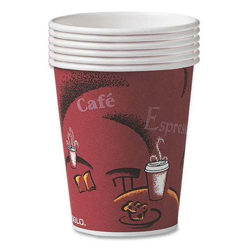 Solo Paper Hot Drink Cups In Bistro Design, 8 Oz, Maroon, 500-carton