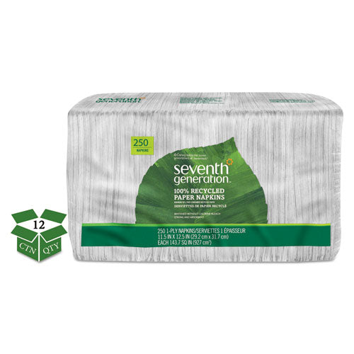 100% Recycled Napkins, 1-ply, 11 1-2 X 12 1-2, White, 250-pack, 12 Packs-carton