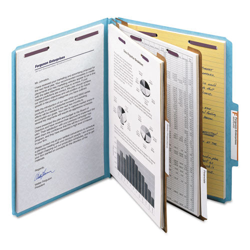 Six-section Pressboard Top Tab Classification Folders With Safeshield Fasteners, 2 Dividers, Letter Size, Blue, 10-box