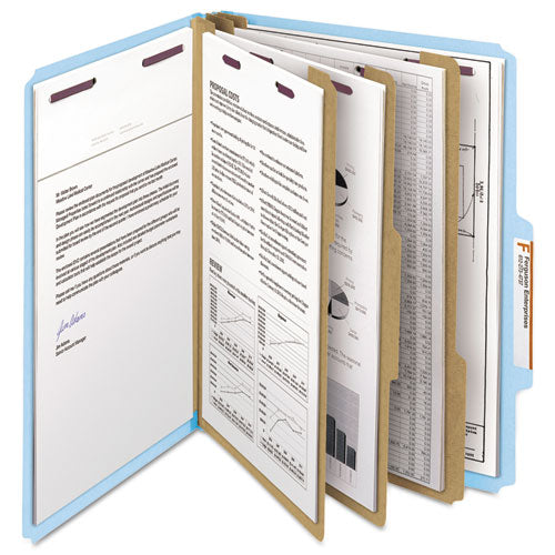 Eight-section Pressboard Top Tab Classification Folders With Safeshield Fasteners, 3 Dividers, Letter Size, Blue, 10-box