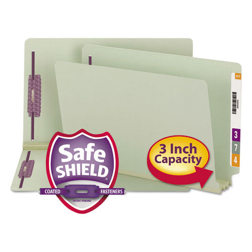 End Tab 3" Expansion Pressboard File Folders With Two Safeshield Coated Fasteners, Straight Tab, Legal, Gray-green, 25-box