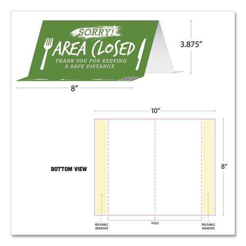 Besafe Messaging Table Top Tent Card, 8 X 3.87, Sorry! Area Closed Thank You For Keeping A Safe Distance, Green, 100-carton