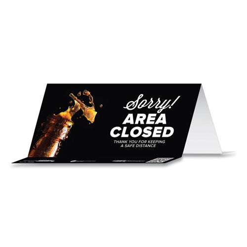 Besafe Messaging Table Top Tent Card, 8 X 3.87, Sorry! Area Closed Thank You For Keeping A Safe Distance, Black, 100-carton