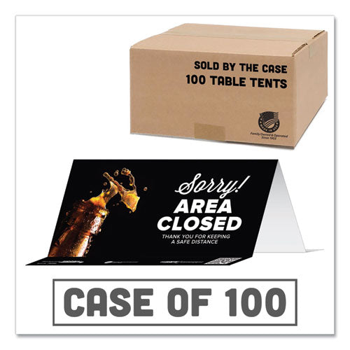 Besafe Messaging Table Top Tent Card, 8 X 3.87, Sorry! Area Closed Thank You For Keeping A Safe Distance, Black, 100-carton