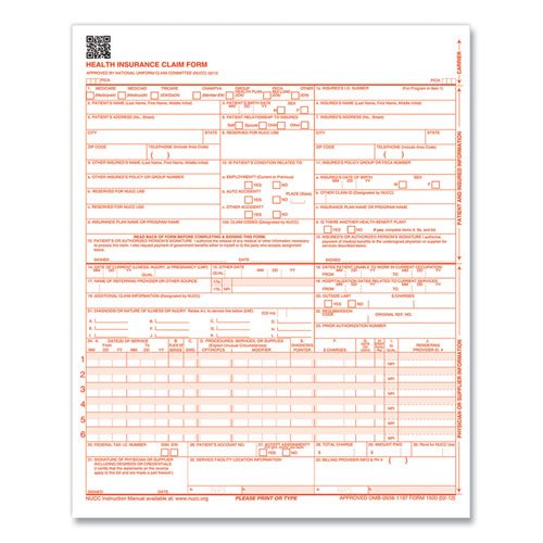 Cms-1500 Health Insurance Claim Forms, One-part, 8.5 X 11, 1,000-carton
