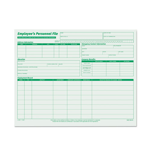 Employee's Record File Folder, Straight Tabs, Letter Size, Index Stock, Green, 20-pack
