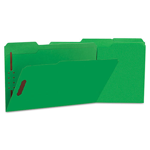 Deluxe Reinforced Top Tab Fastener Folders, 2 Fasteners, Legal Size, Green Exterior, 50-box