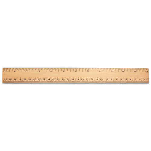 Flat Wood Ruler W-double Metal Edge, Standard, 12" Long, Clear Lacquer Finish