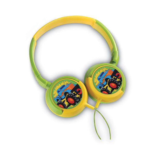 Kiddies Monster Truck Design Stereo Earphones, 4 Ft Cord, Green-yellow-multicolor