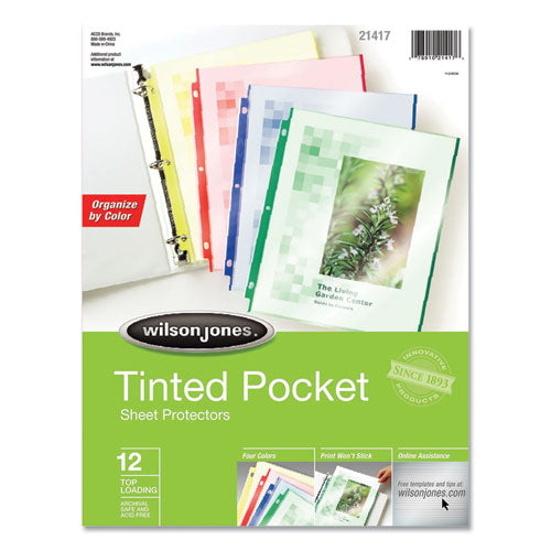 Tinted Pocket Sheet Protectors, 3 Hole Punched, Top Loading, Letter, Assorted Colors, 12-pack