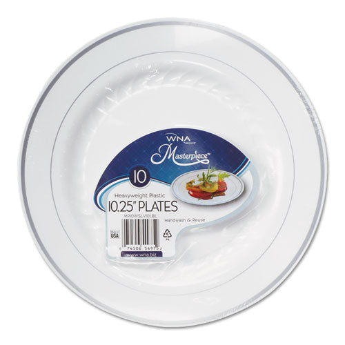 Masterpiece Plastic Plates, 10.25" Dia, White With Silver Accents, Round, 10-pack, 12 Packs-carton