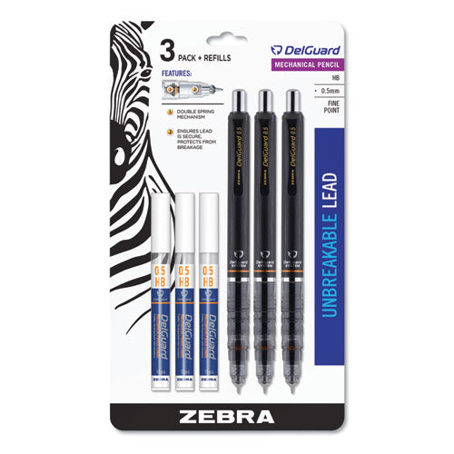 Delguard Mechanical Pencil, 0.5 Mm, Hb (#2.5), Black Lead, Black Barrel, 3-pack