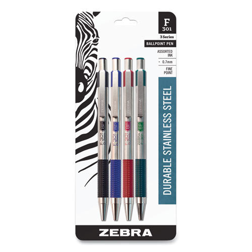 F-301 Ballpoint Pen, Retractable, Fine 0.7 Mm, Assorted Ink And Barrel Colors, 4-pack