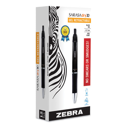 Sarasa Dry Gel X1 Gel Pen, Retractable, Medium 0.7 Mm, Black Ink, Black Barrel, Dozen
