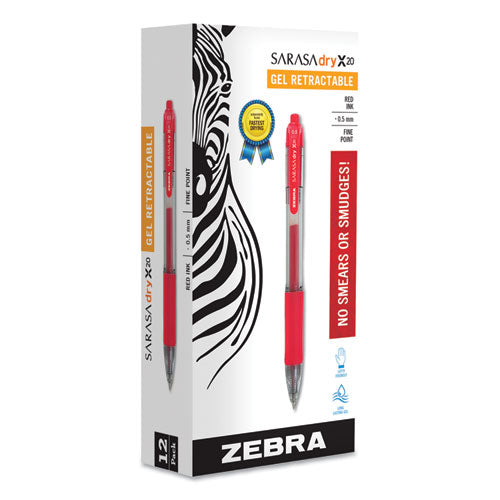 Sarasa Dry Gel X20 Gel Pen, Retractable, Fine 0.5 Mm, Red Ink, Translucent Red Barrel, Dozen