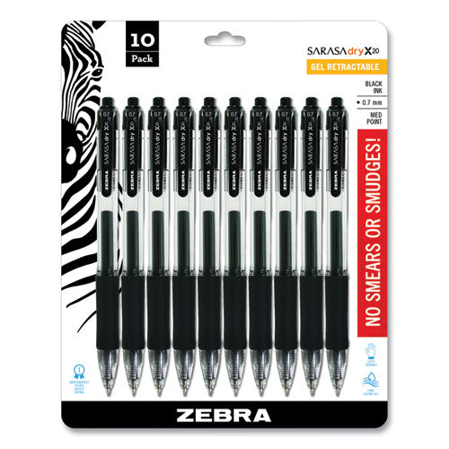 Sarasa Dry Gel X20 Gel Pen, Retractable, Medium 0.7 Mm, Black Ink, Clear Barrel, 10-pack