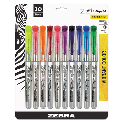 Zazzle Liquid Ink Highlighter, Assorted Ink Colors, Chisel Tip, Assorted Barrel Colors, 10-set